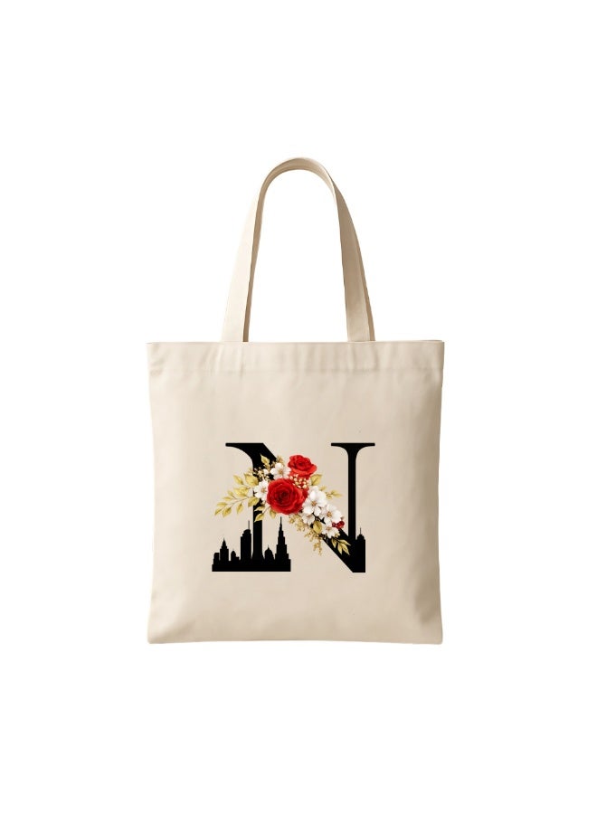 PRINTSHOP4ME Floral Initial Tote Bag A To Z – Cotton Canvas Reusable Tote With Alphabet Print For Grocery, Market And Daily Use - Image 1
